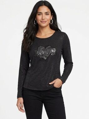 SIMON CHANG black long sleeved Top LOVE Front Embellishment Size Small.